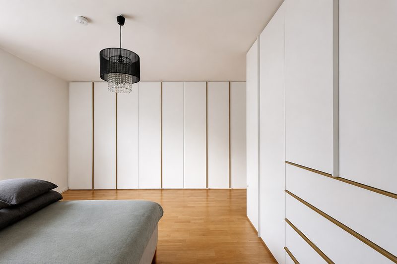 Wandfüllende Schränke mit Griffleisten in Nussbaum massiv im Schlafzimmer.
